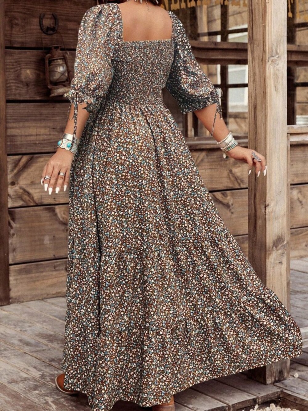Brown & Cream Boho Women's Floral Print Long Sleeve Maxi Dress - Picture 2 of 4